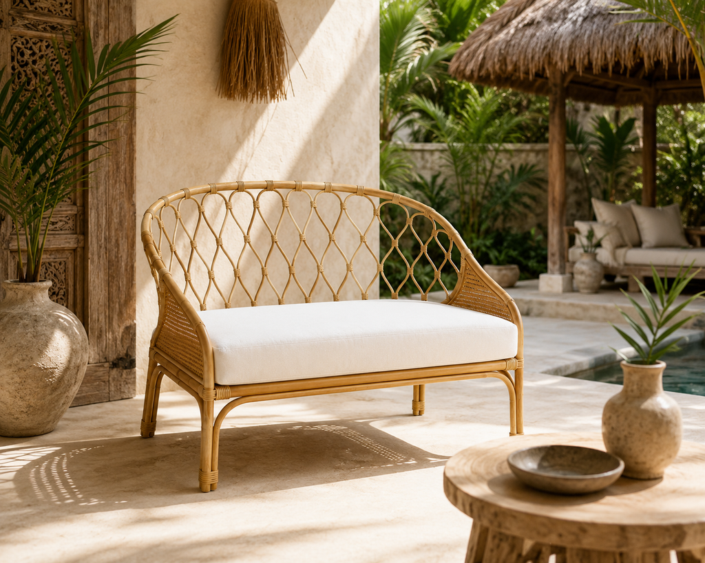 Banquette en rotin avec coussin écru | BAJI