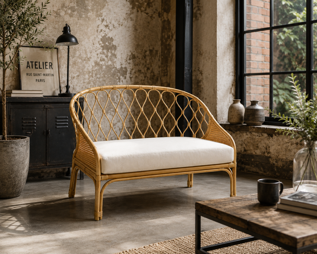 Banquette en rotin avec coussin écru | BAJI