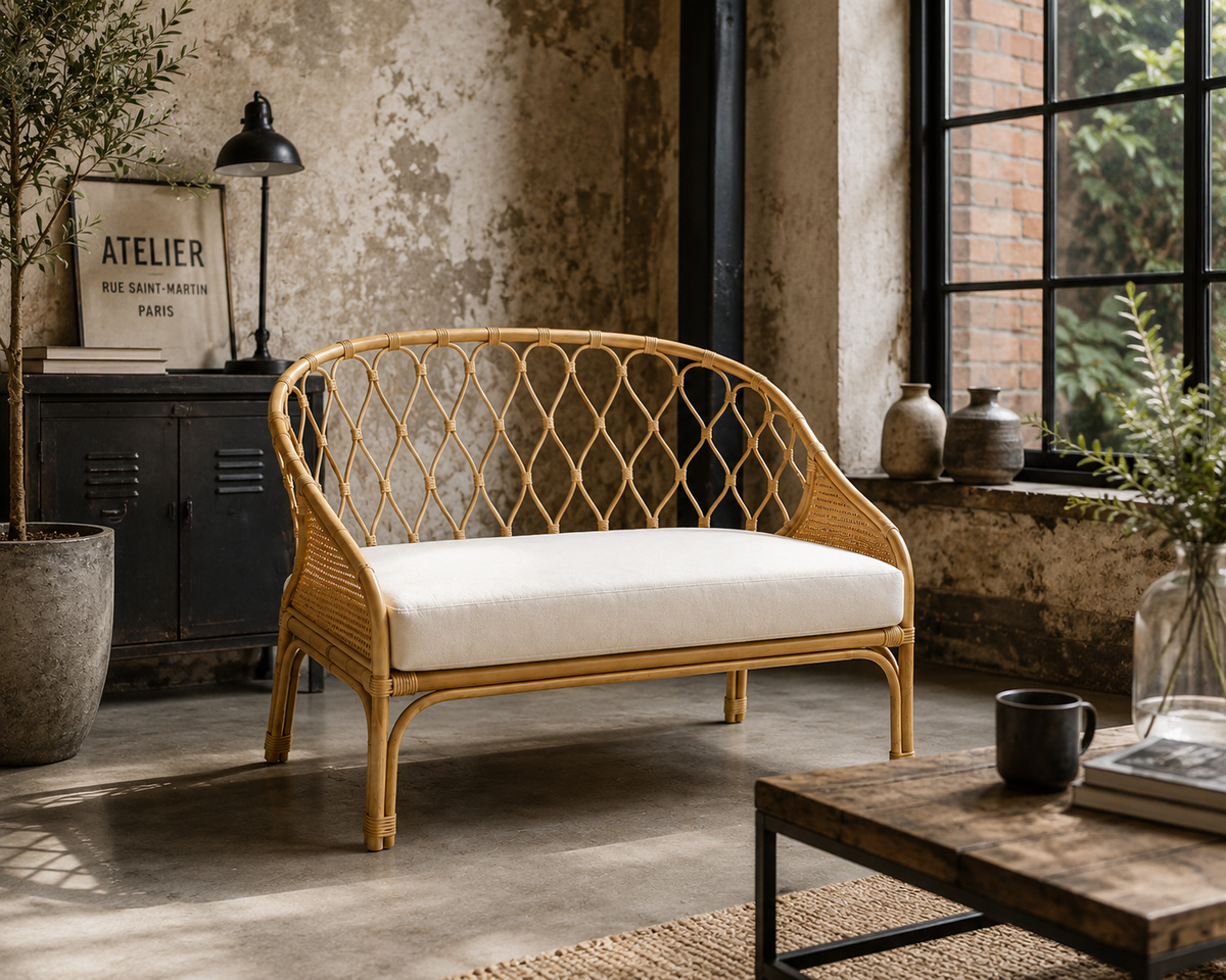 Banquette en rotin avec coussin écru | BAJI