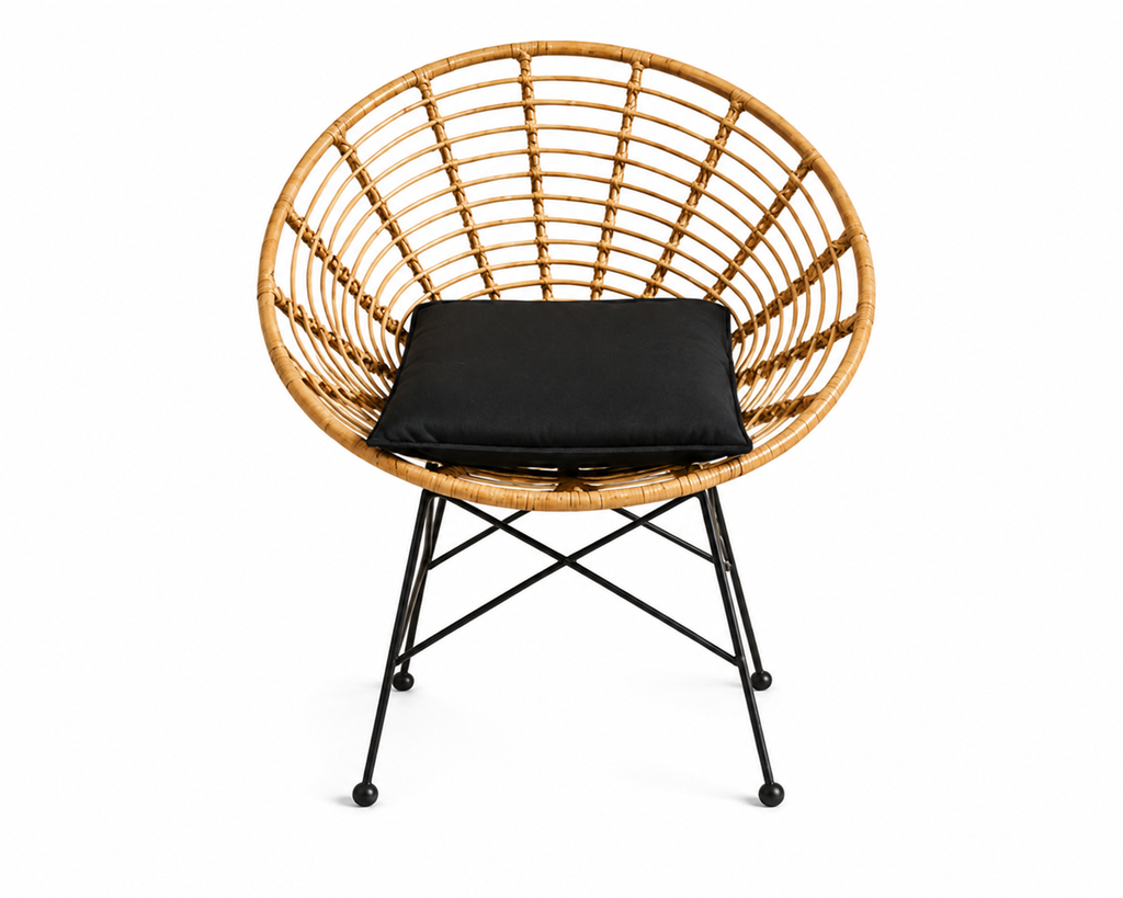 Fauteuil en rotin design rond avec coussin et pieds métal | MELTO