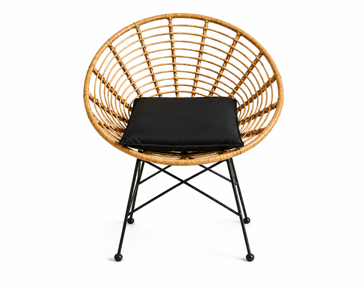 Fauteuil en rotin design rond avec coussin et pieds métal | MELTO