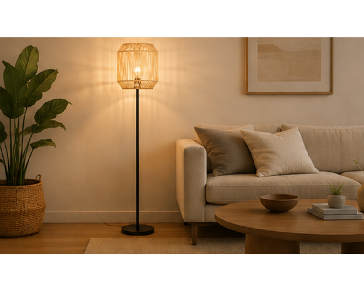 Lampadaire en rotin tressé et métal noir | TROI