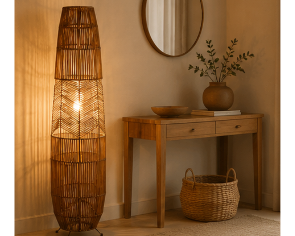 Lampadaire en rotin tressé forme colonne | COLIM
