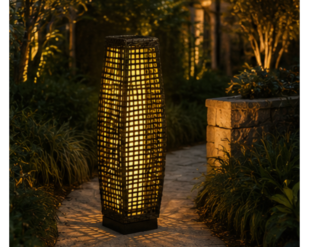 Lampadaire colonne en rotin tressé noir pour jardin | ORIO