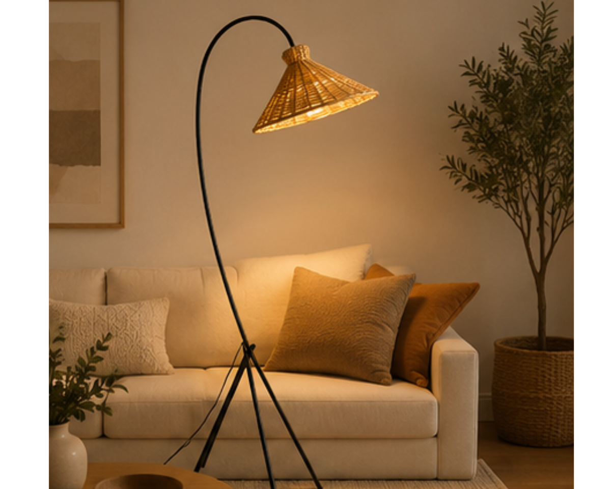 Lampadaire arc en rotin et métal noir | MATO