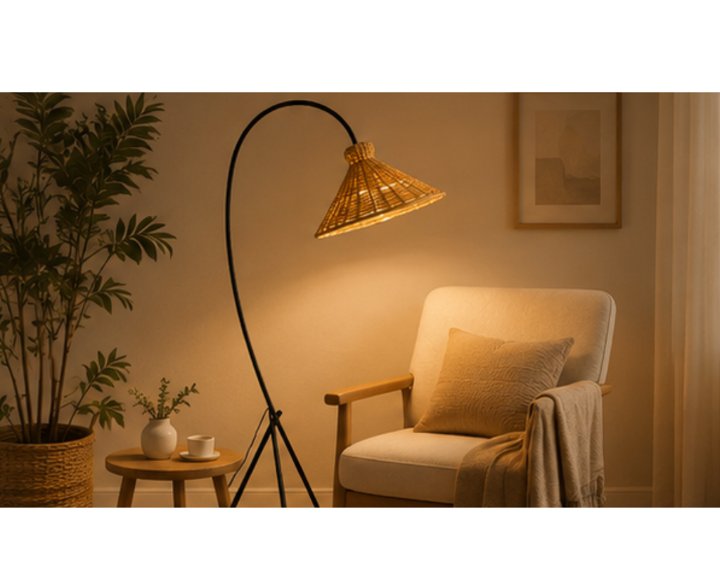 Lampadaire arc en rotin et métal noir | MATO