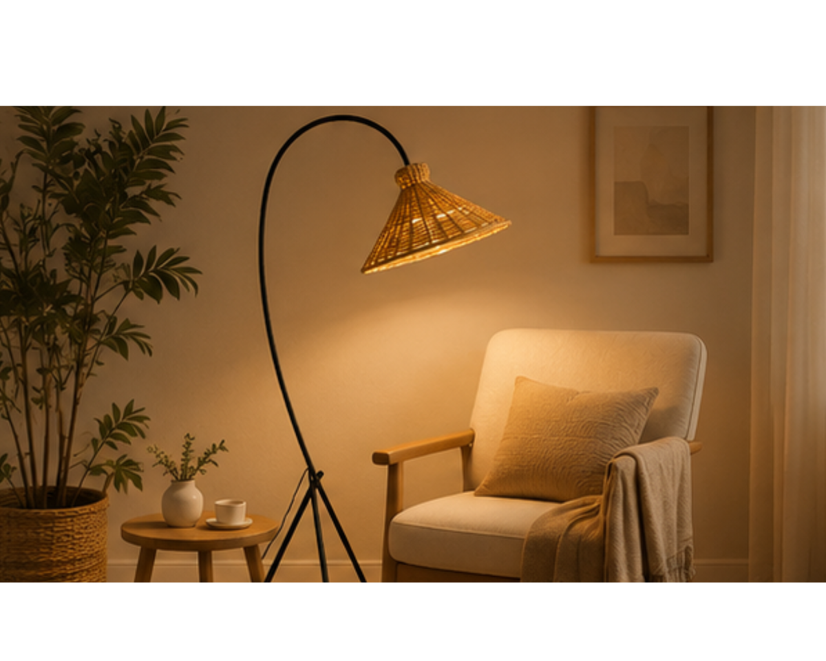 Lampadaire arc en rotin et métal noir | MATO