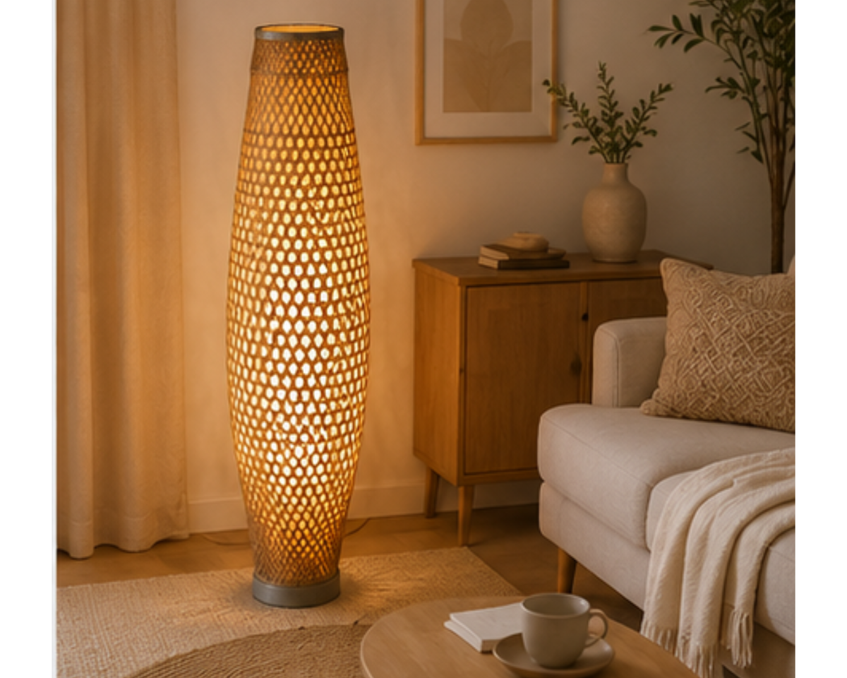 Lampadaire colonne en rotin tressé ajouré | VASO