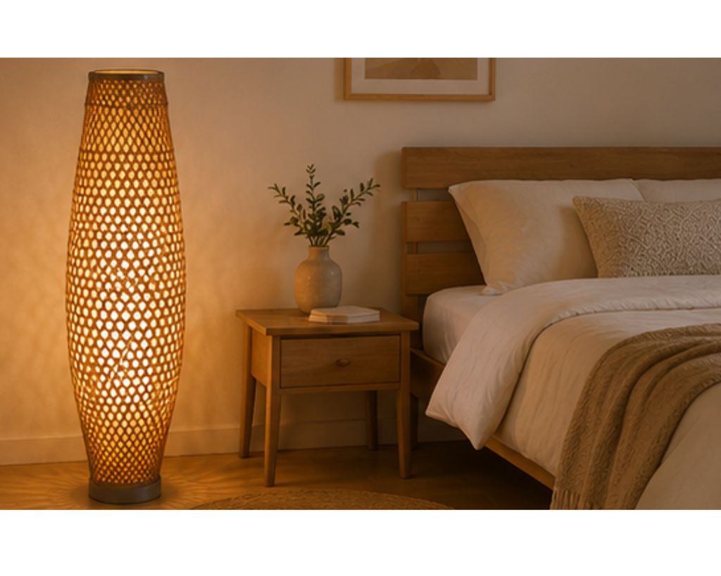 Lampadaire colonne en rotin tressé ajouré | VASO