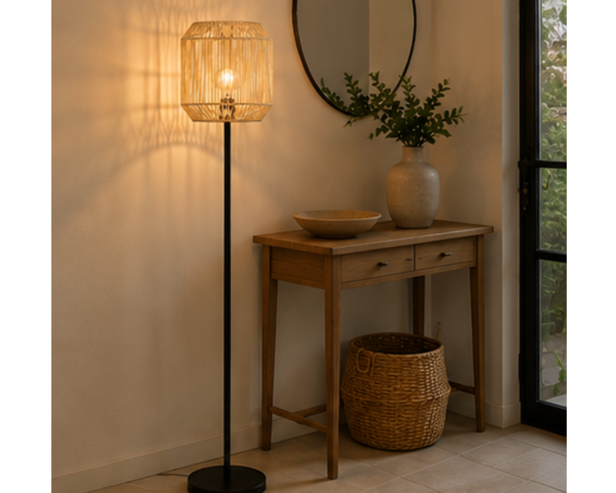 Lampadaire en rotin tressé et métal noir | TROI