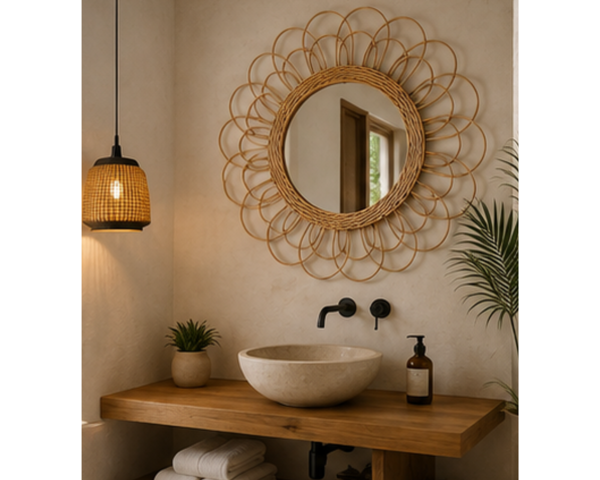 Miroir rond en rotin naturel design tournesol | SOLEO