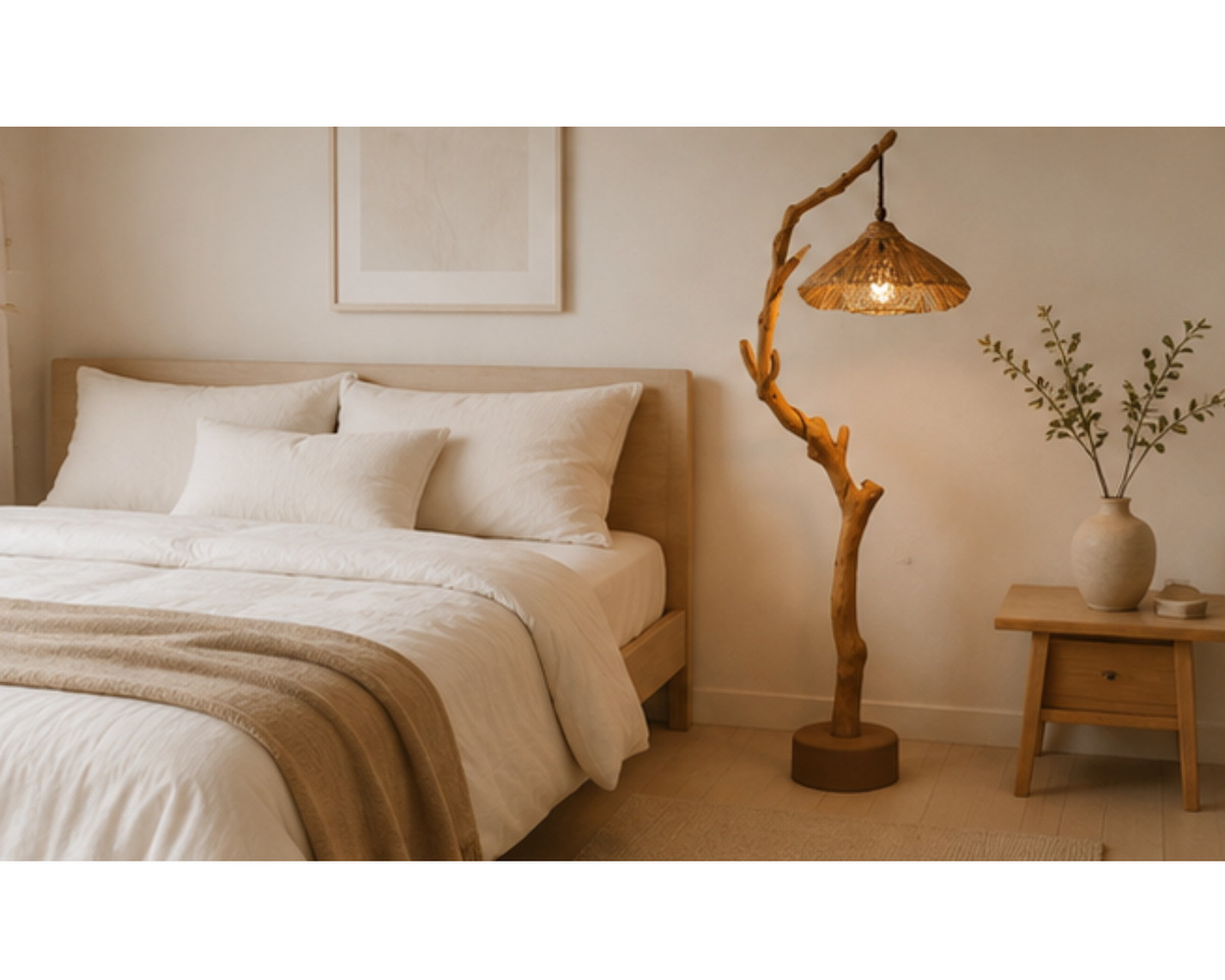 Lampadaire en bois flotté et abat-jour en rotin tressé | TREEZ