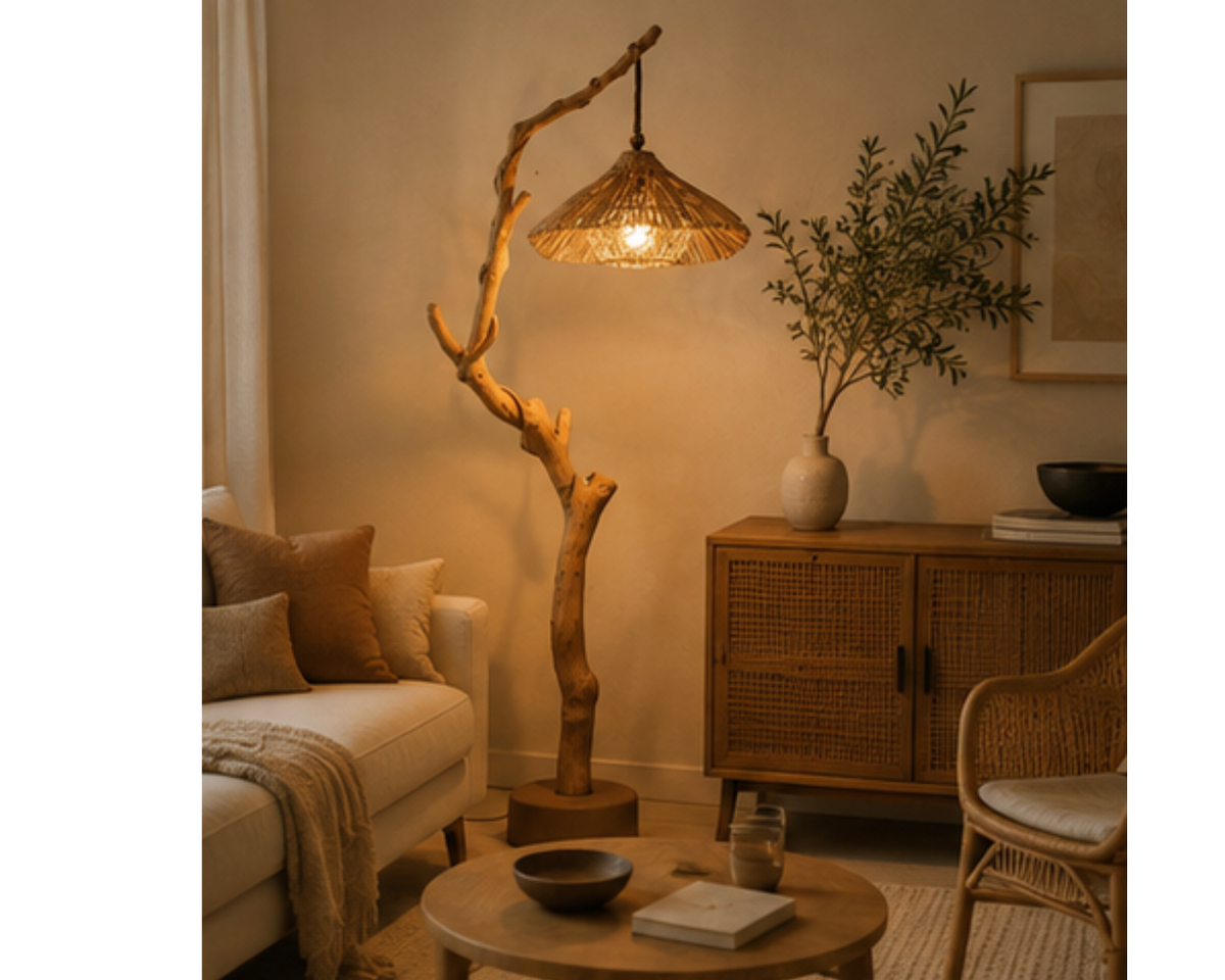 Lampadaire en bois flotté et abat-jour en rotin tressé | TREEZ
