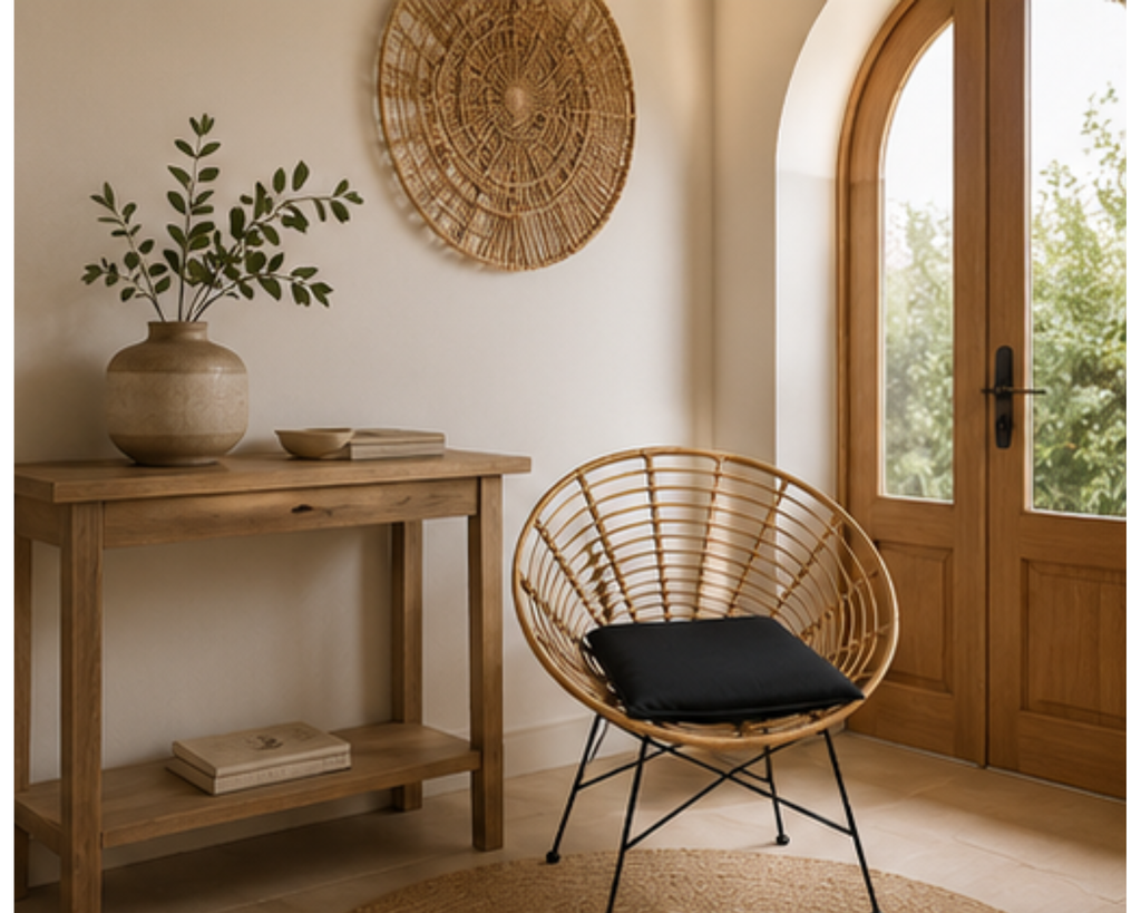 Fauteuil en rotin design rond avec coussin et pieds métal | MELTO