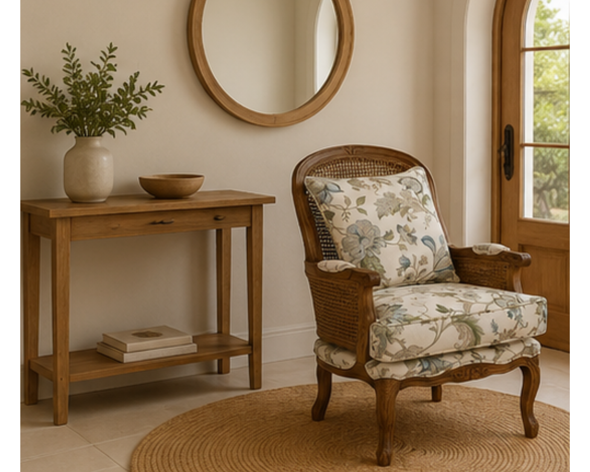 Fauteuil en rotin style vintage avec coussins fleuris | VINTO