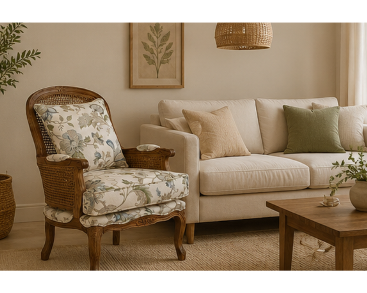 Fauteuil en rotin style vintage avec coussins fleuris | VINTO