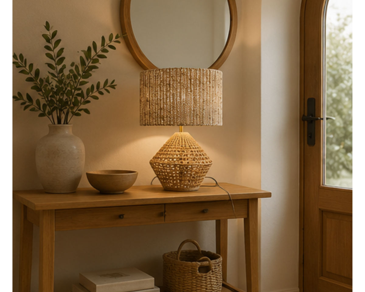 Lampe en rotin tressé avec abat-jour texturé | TRESA