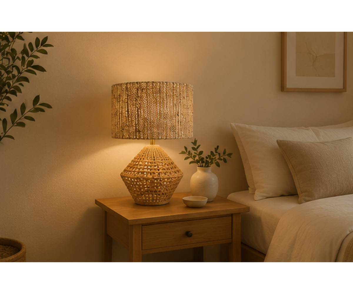 Lampe en rotin tressé avec abat-jour texturé | TRESA