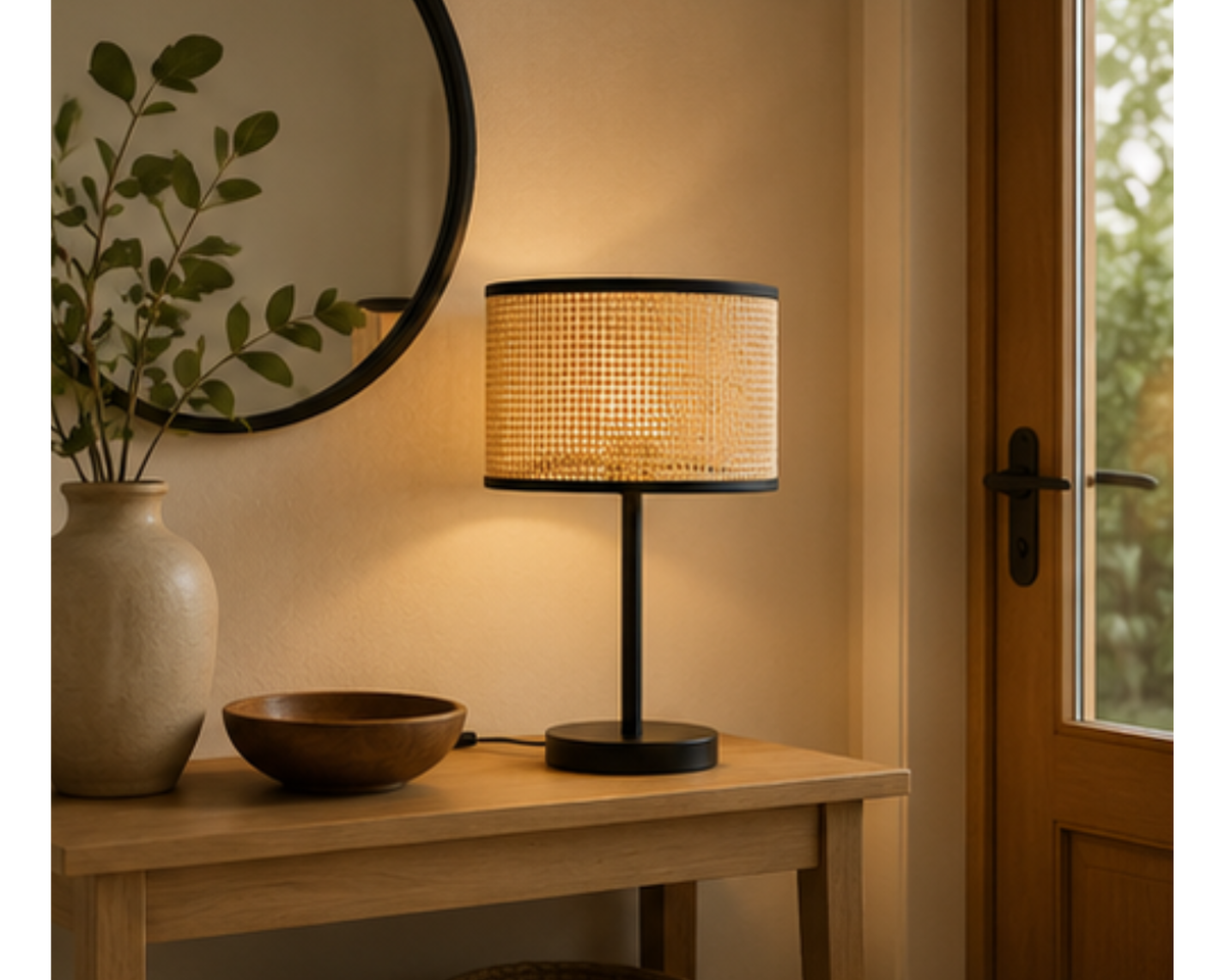 Lampe à poser en cannage naturel et métal noir | MODEA