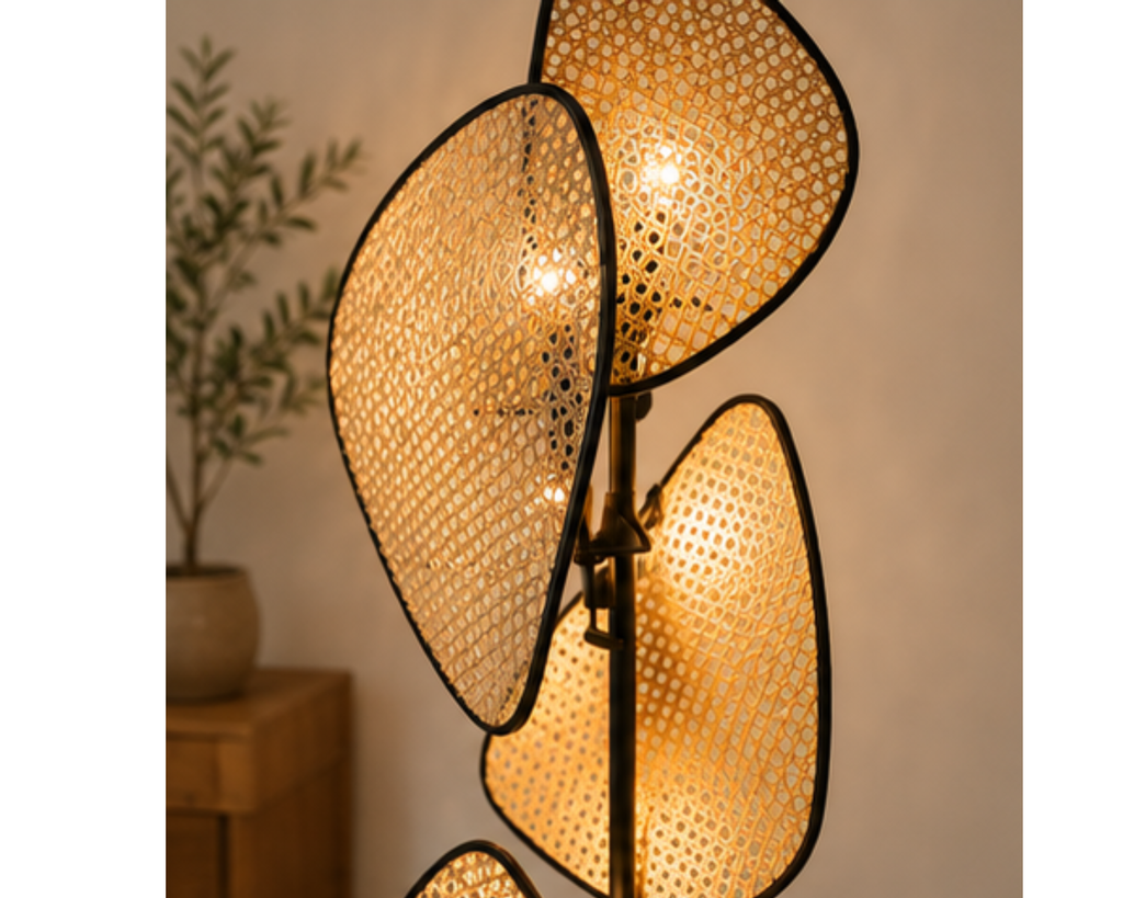 Lampadaire en cannage naturel et métal noir | FOYE