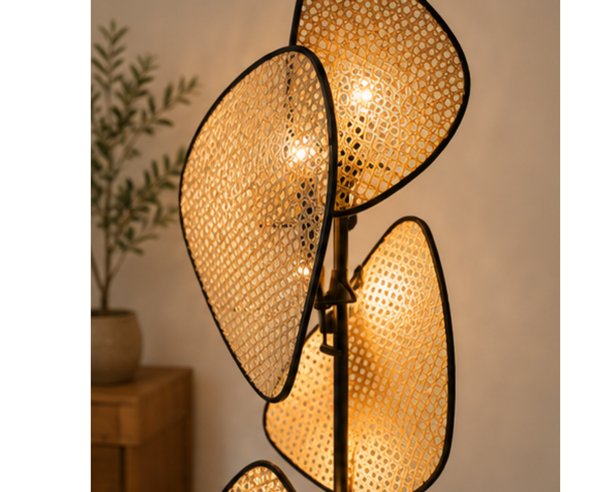 Lampadaire en cannage naturel et métal noir | FOYE