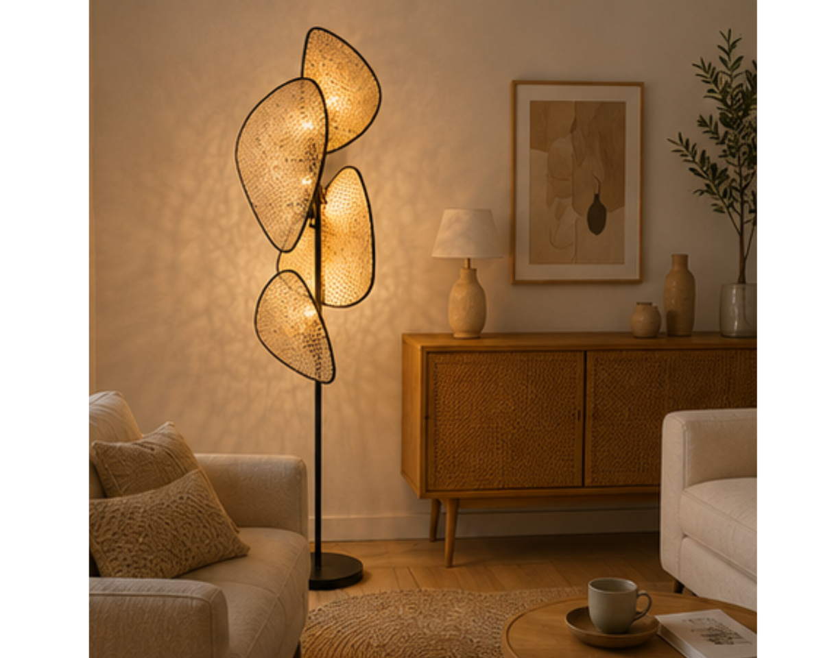 Lampadaire en cannage naturel et métal noir | FOYE