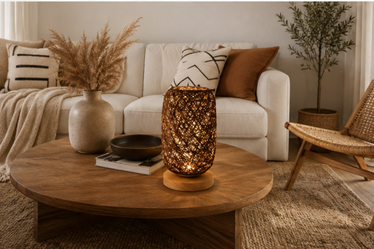 Lampe en rotin tressé avec socle en bois | VELIA